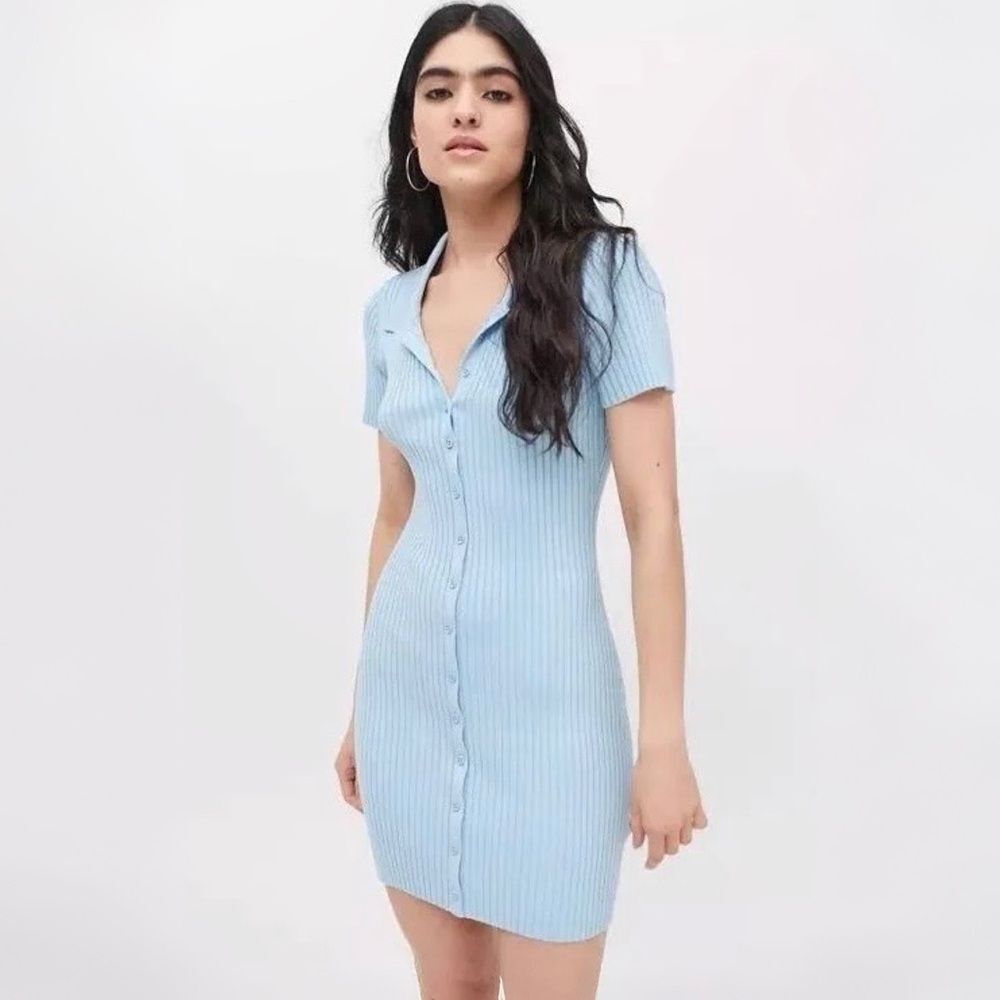 Urban Outfitters Ribbed Polo Button-Front Mini Dress in Light Blue | Size XS